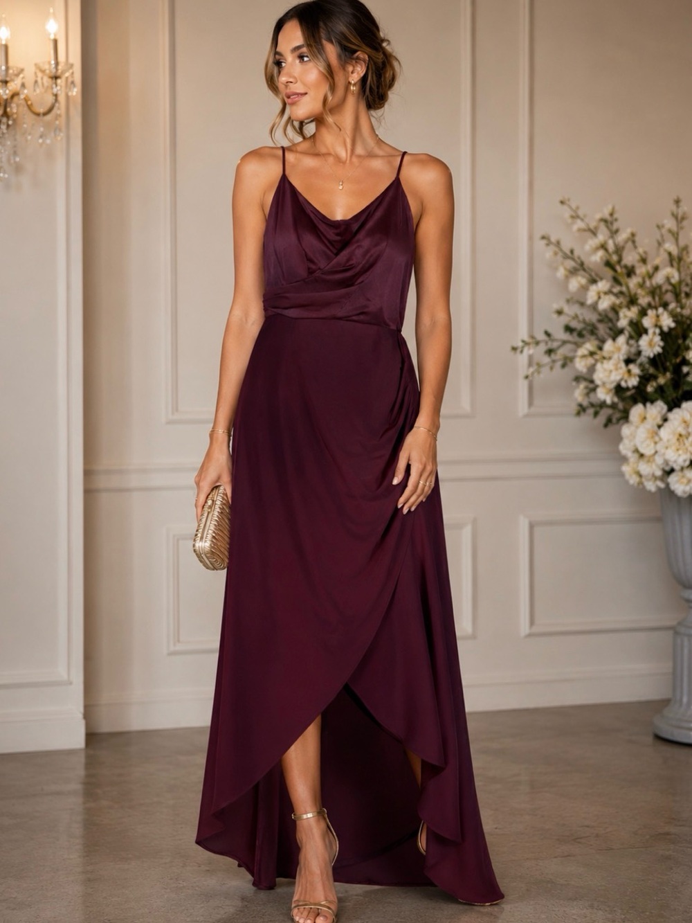 🫶🙌 Adrianna Papell Burgundy Draped High-Low Evening Dress | Size 12